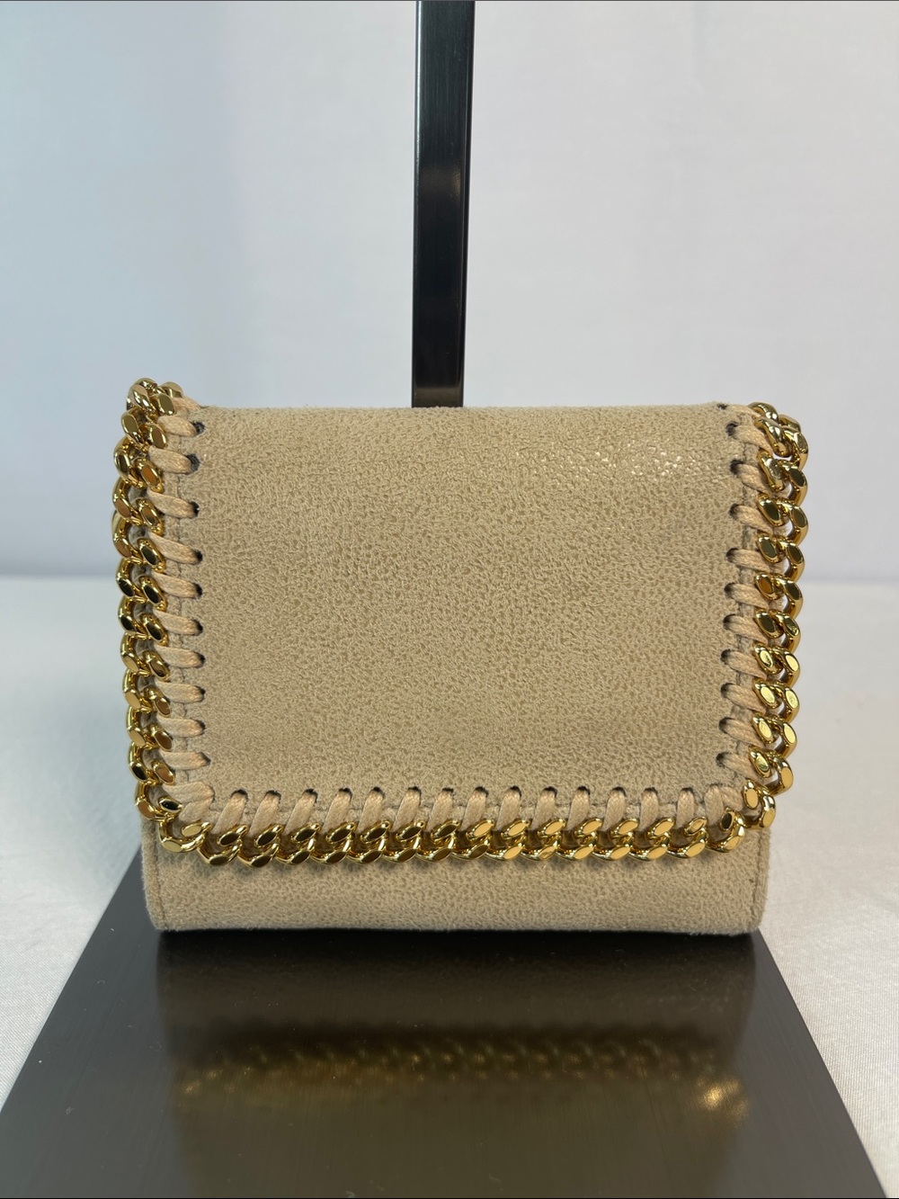 Stella McCartney Falabella Small Tri-Fold Wallet Beige Gold Chain